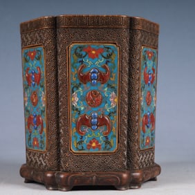An Exquisite Zitanwood Inlaid Cloisonne Lotus and Bats Pattern Brush Pot