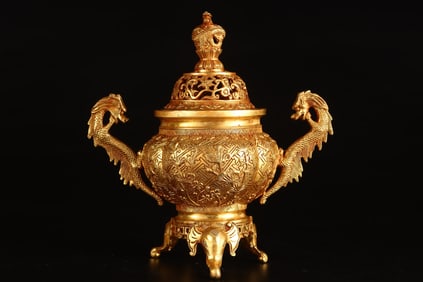 A Rare Gilt Bronze Flower Pattern Double-Ears and Tripod Censer