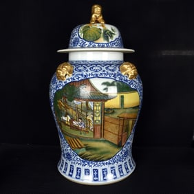 A Huge Blue and White Enamel Painted Gold Character and Story Pattern Beast-Ears Cover Jar