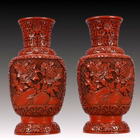 A Pair of Rare Carved Red Lacquer Flower Pattern Vases