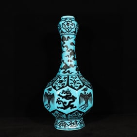 A Rare Black Color Blue Glazed Dragon and Phoenix Pattern Vase