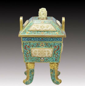 An Exquisite Cloisonne Lotus and Dragon Pattern Double-Ears Censer,Inlaid White Jade