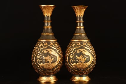 A Pair of Rare Gilt Bronze Dragon and Phoenix Pattern Vases