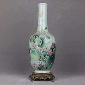 A Rare Famille-Rose Inlaid Bronze Flower and Bird Pattern Vase,With Poem