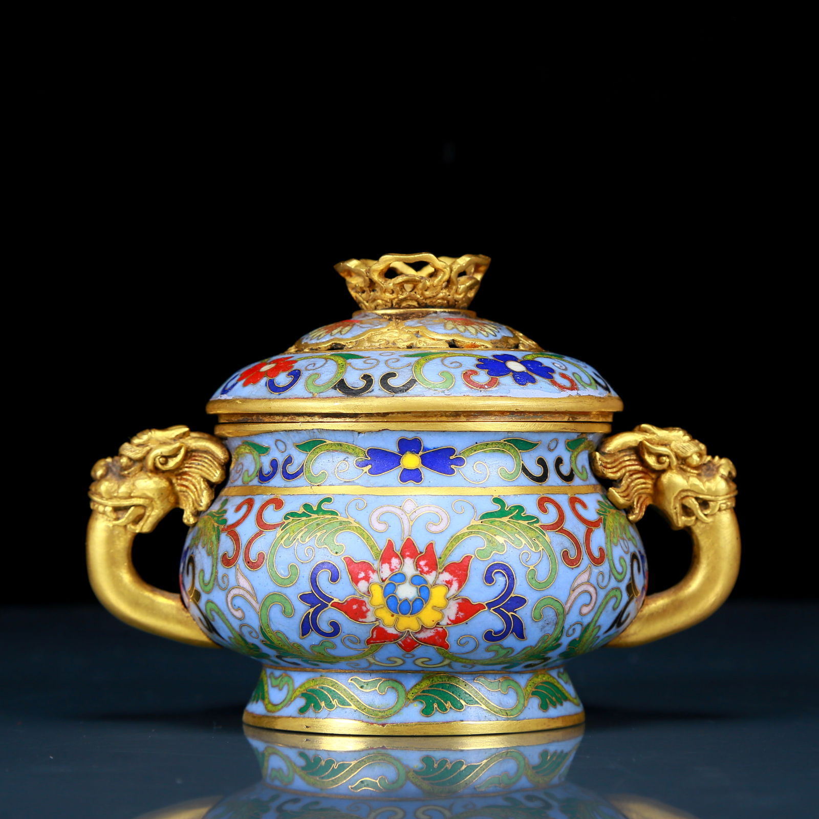 An exquisite cloisonné tangled lotus pattern double-eared censer with lid (1 of 8)