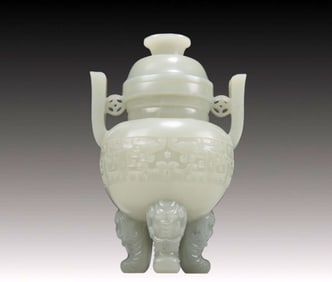 An Exquisite White Jade 'Dragon' Censer And Cover With Elephant-Form Feet