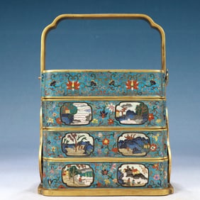 An Exquisite Cloisonne Lotus Pattern Landscape and Figure Pattern Lunch Box