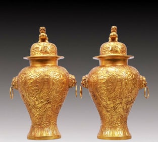 A Pair of Rare Gilt Bronze Auspicious Cloud and Dragon Pattern Lion-Ears Cover Jars