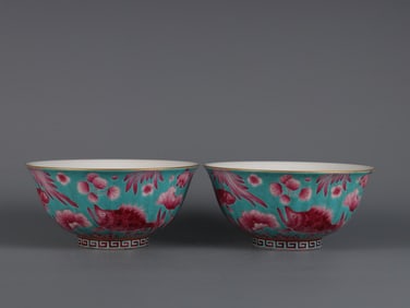 A Pair of Exquisite Turquoise Ground Ruby Red-Color Painted Gold Fish and Algae Pattern Bowls