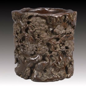 A Exquisite Zitanwood Pine and Crane Pattern Brush Pot