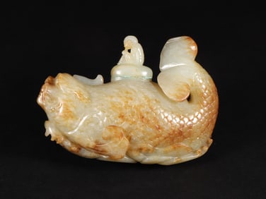 An Exquisite White Jade Figure and Fish Ornament