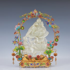 An Exquisite Filigree and Gilding Inlaid White Jade Peony Ornament,Inlaid Gems