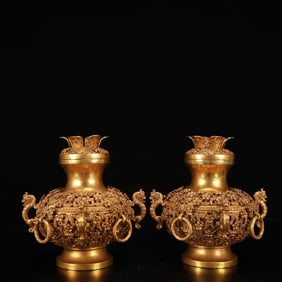 An Exquisite Gilt Bronze Flower and Dragon Pattern Vases