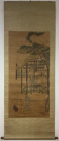 A Chinese Vertical Scroll Ink Painting of Character and Story on Silk,Gai Qi