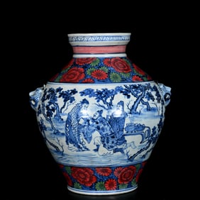 A Rare Blue and White Red Green Color Character and Story Pattern Beast-Ears Jar,With Poem