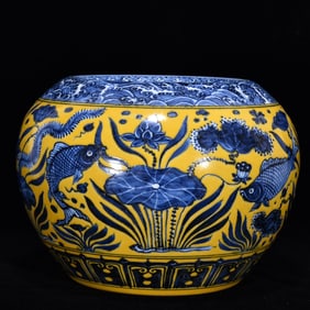 An Exquisite Yellow Ground Blue and White Fish and Algae Pattern Water Pot