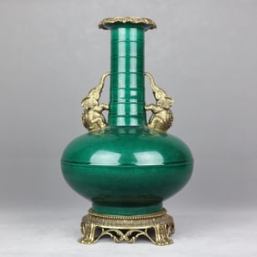 A Rare Green Glazed Inlaid Bronze Elephant-Ears Vase