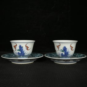A Pair of Exquisite Doucai Seawater,Auspicious Cloud and Bats Pattern Cups,With Tray