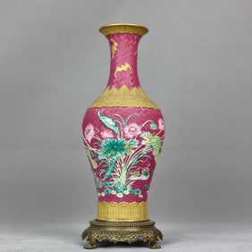 An Exquisite Ruby Red-Glazed Gold Ground Inlaid Bronze Flower and Bird Pattern Vase,With Poem