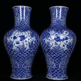 A Pair of Huge Blue and White Seawater and Fish Pattern Vases