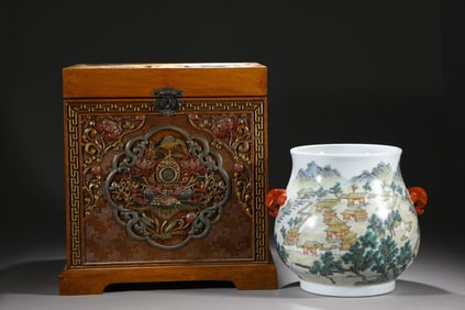 A Rare Famille-Rose Painted Gold Landscape Pattern Elephant-Ears Vase,With Sanskrit