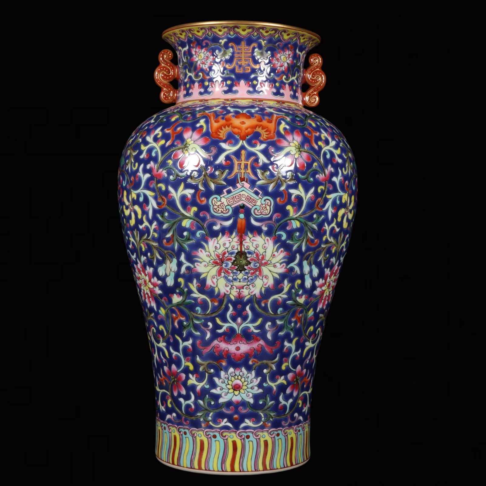 A Rare Famille-Rose Blue Ground Painted Gold Lotus Pattern Double-Ears Vase (1 of 8)