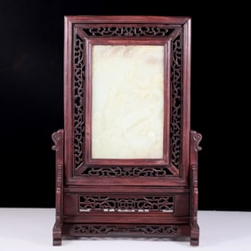 An exquisite white jade landscape table screen