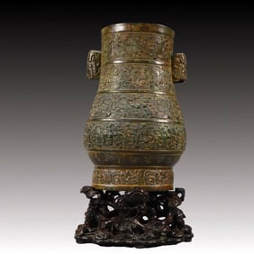 A Rare Bronze Double-Ears Vase,with Zitanwood Base