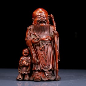 An Exquisite Huanghuali wood Longevity Statue Ornament