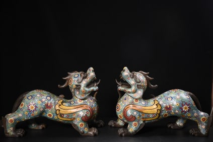A Pair of Exquisite Cloisonne Lotus Pattern Wealth-Attracting Creature Ornaments