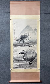 A Chinese Vertical Scroll Ink Painting of Buffalo on Paper