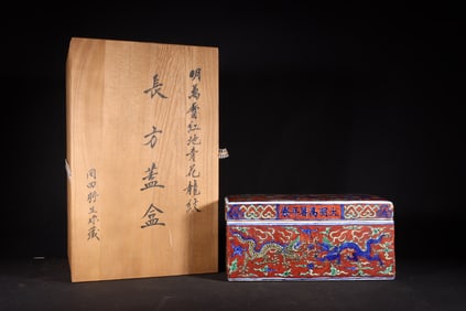 An Exquisite Red Ground Blue and White Auspicious Cloud and Dragon Pattern Box