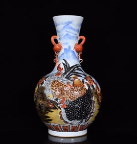 A Huge Famille-Rose Flower and Rooster Pattern Double-Ears Vase