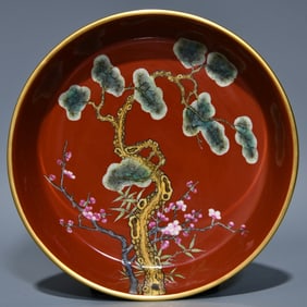 A Precious Iron-Red Famille-Rose Pine and Plum Blossom Pattern Brush Washer