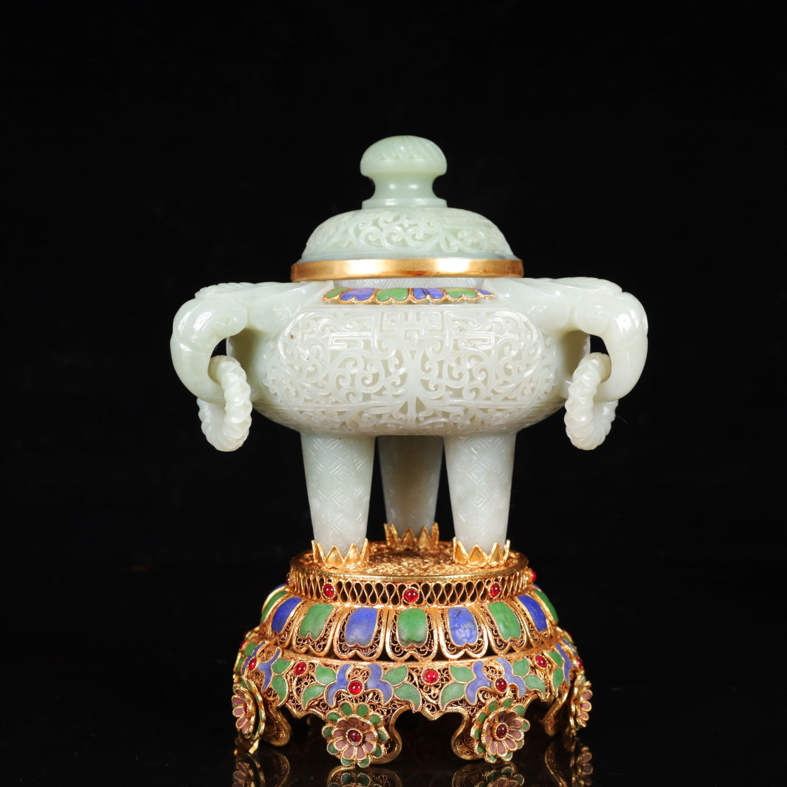 An Exquisite Filigree and Gilding Inlaid White Jade Flower Pattern Double-Ears and Tripod Censer (1 of 11)