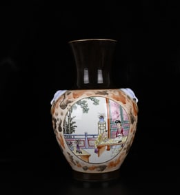 A Rare Famille-Rose Figure and Story Pattern Beast-Ears Vase,with Poem
