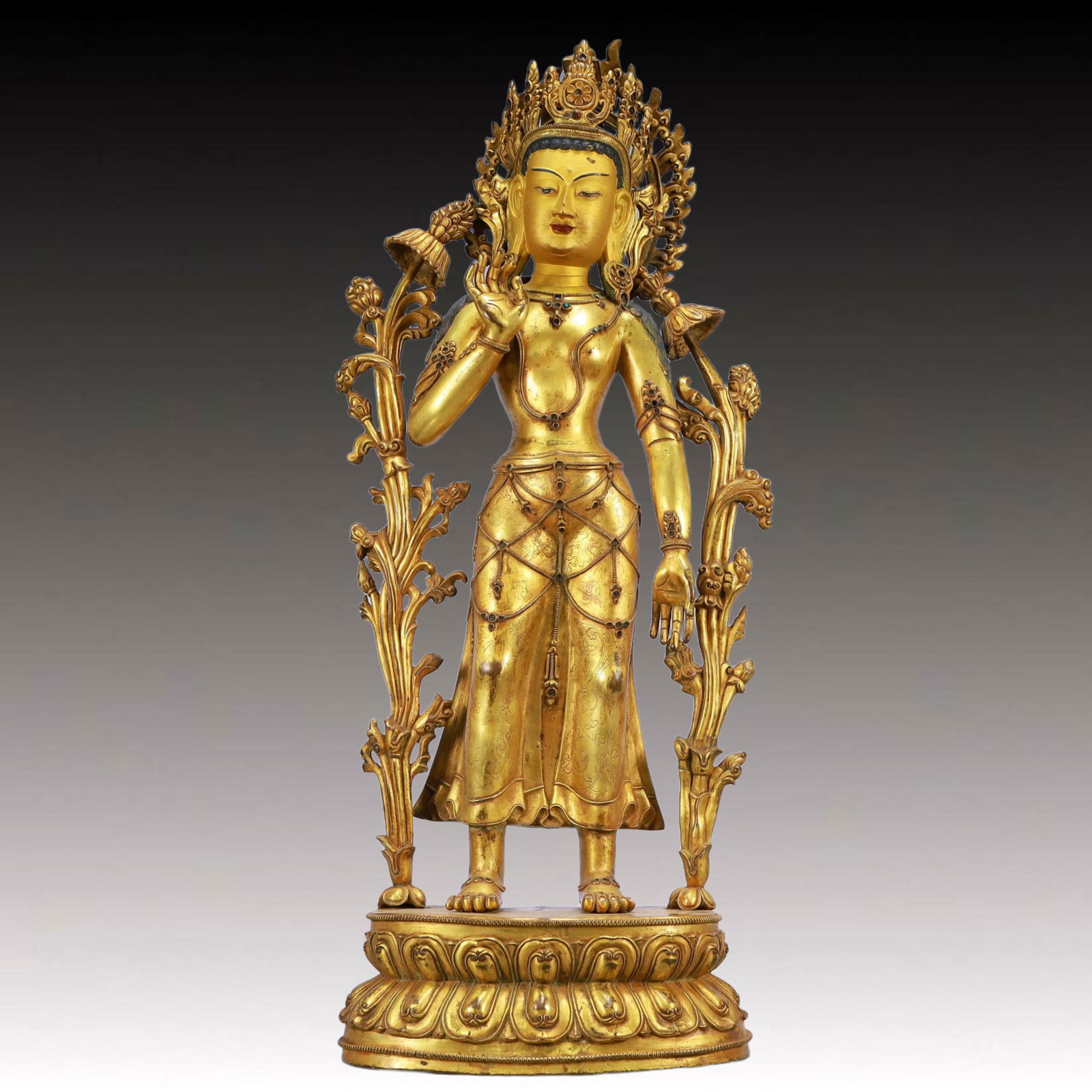 A Solemn Gilt Bronze Statue of Avalokitesvara,Inlaid Turquoise: A Solemn Gilt Bronze Statue of Avalokitesvara,Inlaid Turquoise,Ming Dynasty, China,Size:11.4inx6.7inx30.3in,Weight:17200g 