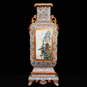 A Huge Famille-Rose Painted Gold Landscape Pattern Double-Ears Vase,with Poem