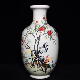 A Rare Famille-Rose Flower and Bird Pattern Vase,with Poem