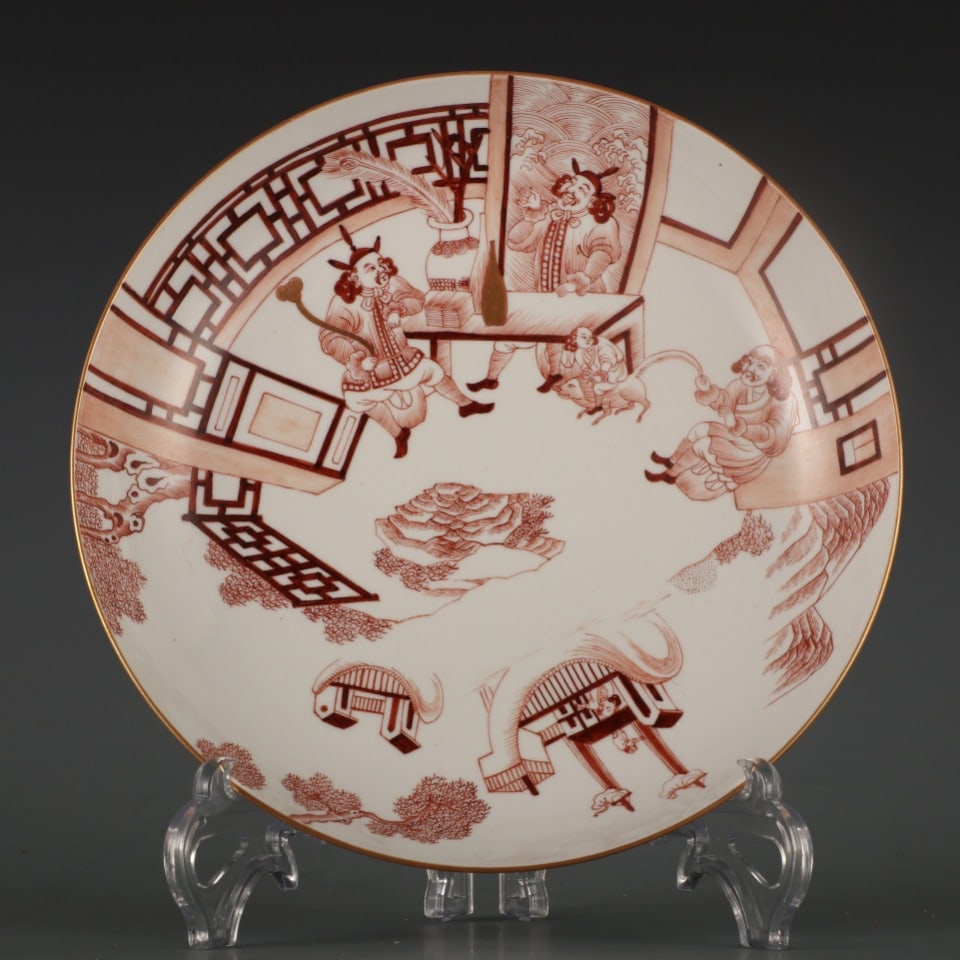 An Exquisite Red Glazed Painted Gold Figure and Story Pattern Plate: An Exquisite Red Glazed Painted Gold Figure and Story Pattern Plate,Qing Dynasty,China,Jiaqing Six-Character Mark,Size:8.7inx1.8in 