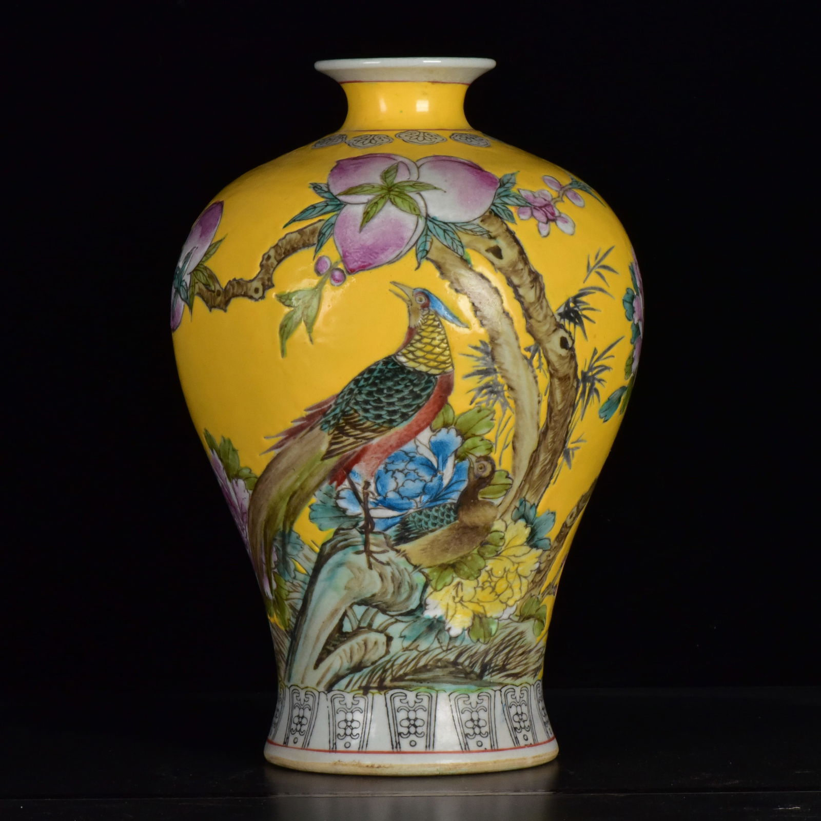 A Rare Yellow Glazed Famille-Rose Flower and Phoenix Pattern Vase: A Rare Yellow Glazed Famille-Rose Flower and Phoenix Pattern Vase,Qing Dynasty,China,with Mark,Size:12.6inx8.3in 