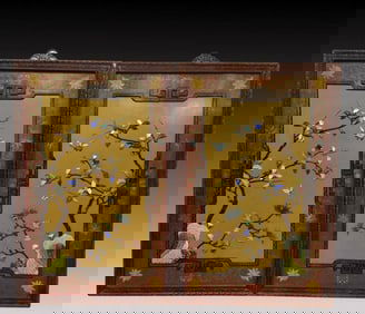 A Pair of Huge Boxwood Flower and Bird Pattern Hanging Panels, Inlaid Gems