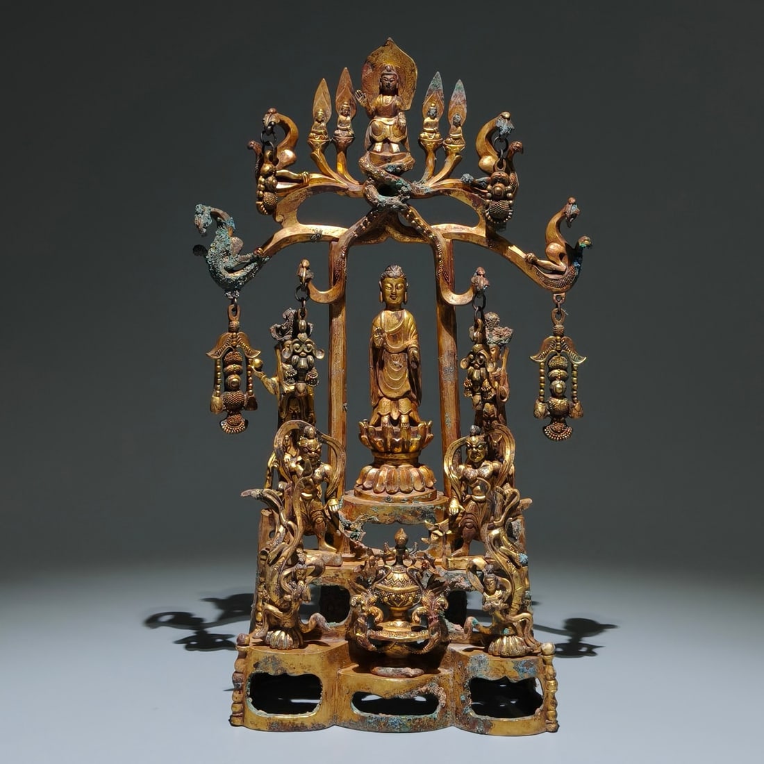 A Solemn Gilt Bronze Statue of Sakyamuni,with Inscription: A Solemn Gilt Bronze Statue of Sakyamuni,with Inscription,Tang Dynasty,China,Size:14.8inx8.7inx3.9in 