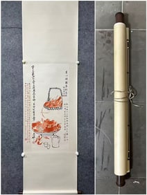 A Chinese Vertical Scroll Ink Painting of Shrimp and Crab on Paper