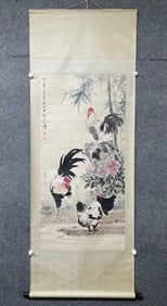A Chinese Vertical Scroll Ink Painting of Flower and Rooster on Paper