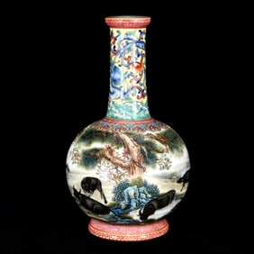 An Exquisite Famille-Rose Pine and Buffalo Pattern Vase