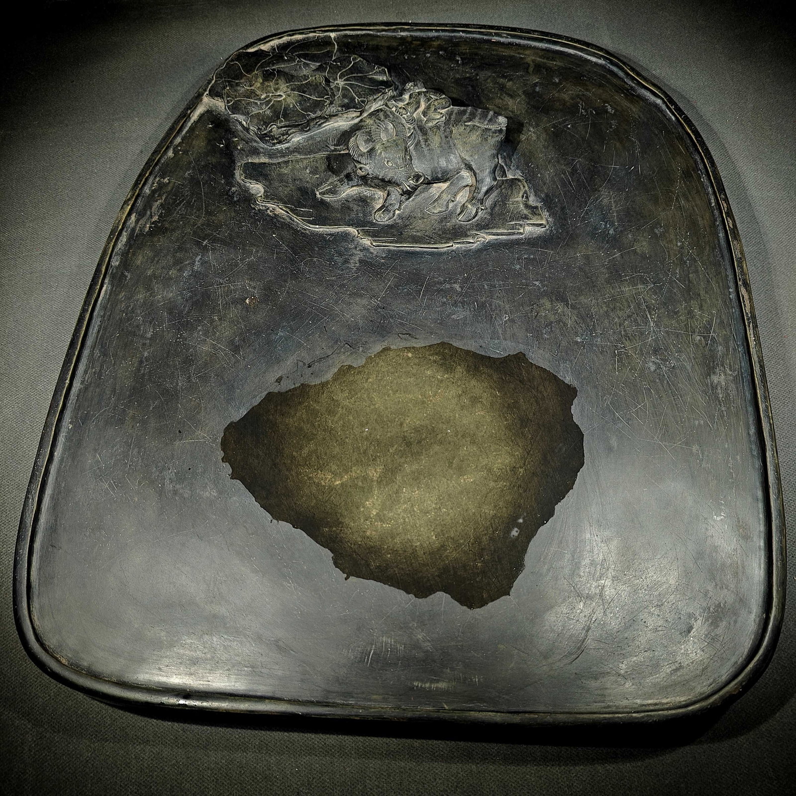 An Exquisite Auspicious Beast Pattern Inkstone,With Poem: An Exquisite Auspicious Beast Pattern Inkstone,With Poem,Qing Dynasty, China,Wang Maolin Mark 瑞兽纹砚台,带诗文,中国清代