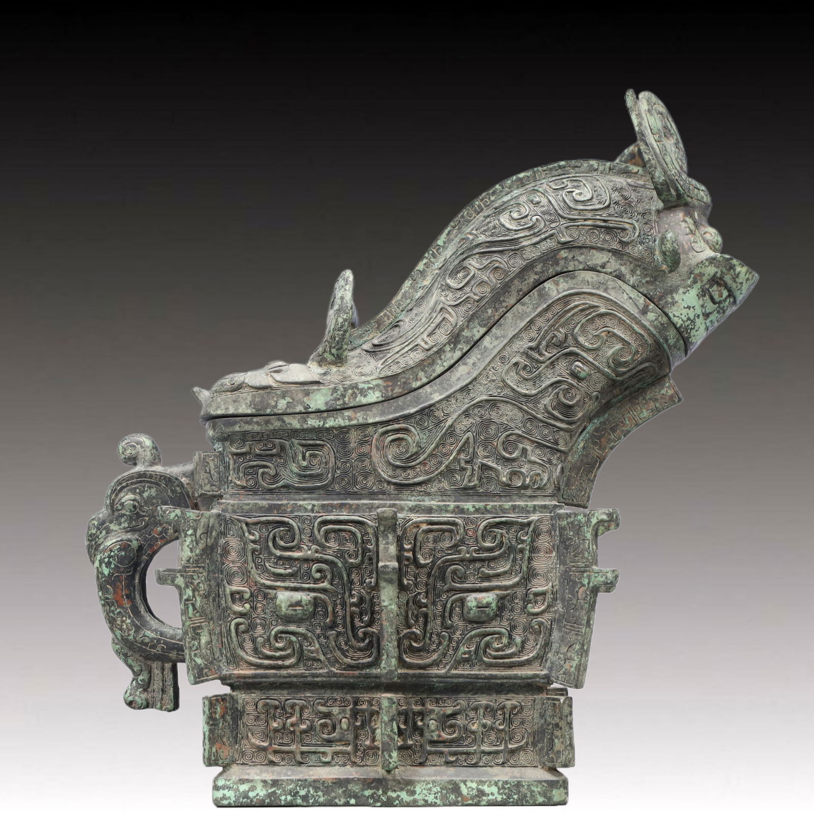 A Precious Bronze Beast-Face Pattern Ewer with Cover ,With Inscription: A Precious Bronze Beast-Face Pattern Ewer with Cover ,With Inscription,Ancient Time, China,Size:11.8inx4.7inx12.6in ;Weight:5500g 