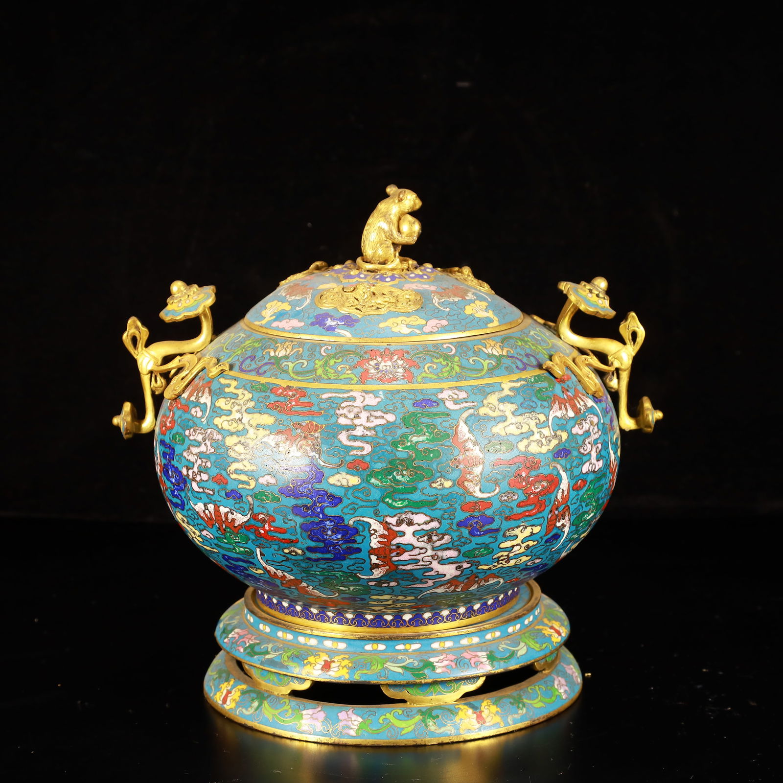 A Rare Cloisonne Bats Pattern Double-Ears Censer: A Rare Cloisonne Bats Pattern Double-Ears Censer,(A type of enamelware with metal wires separating colored glaze, originating in China),Qing Dynasty,China,Qianlong Four-character