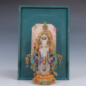 An Exquisite Filigree and Gilding Inlaid White Jade Statue of Avalokitesvara,Inlaid Turquoise